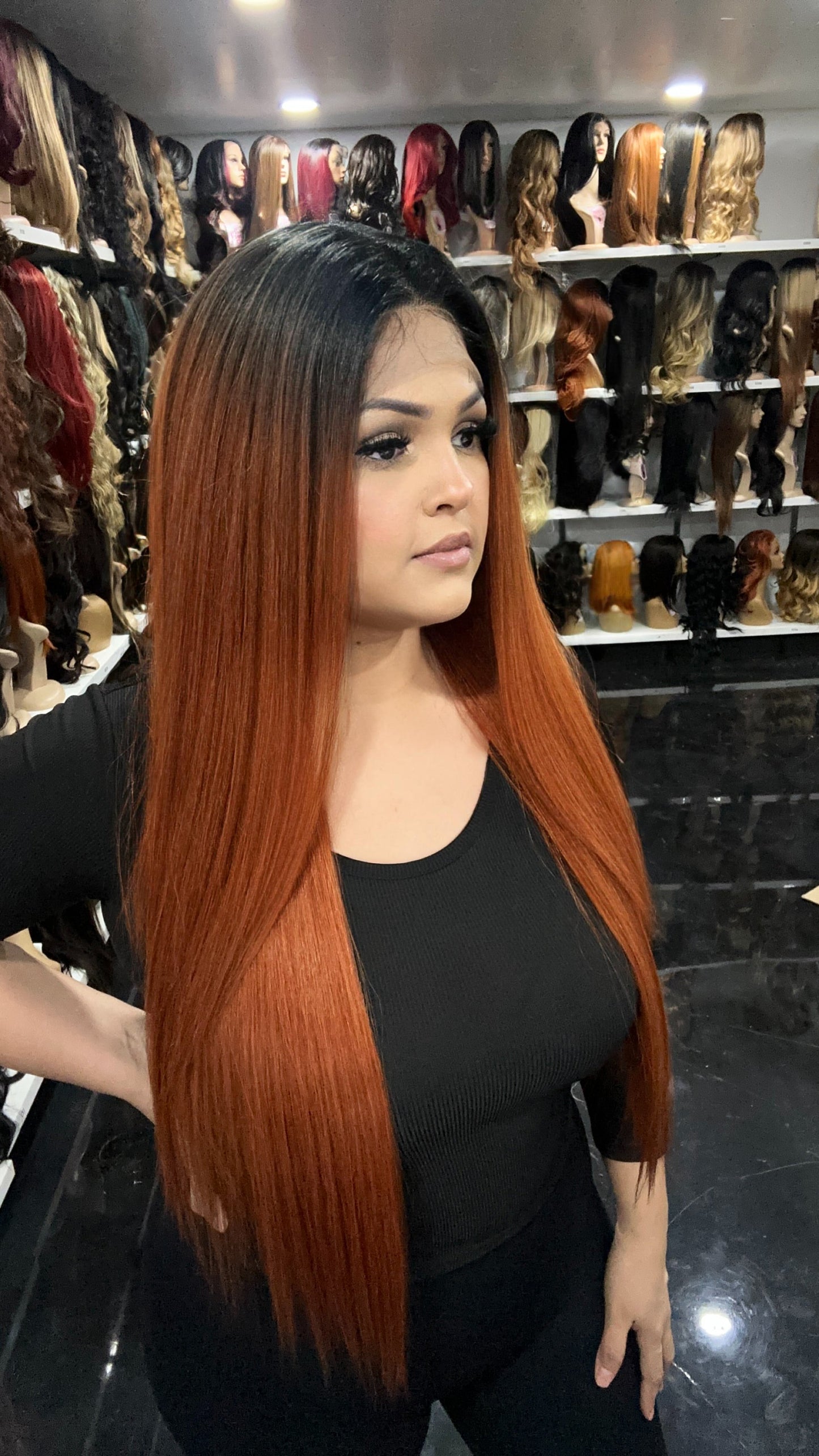 #49 Cher - 13x6 Free Part Lace Front Human Hair Blend Wig - Color Copper 32in