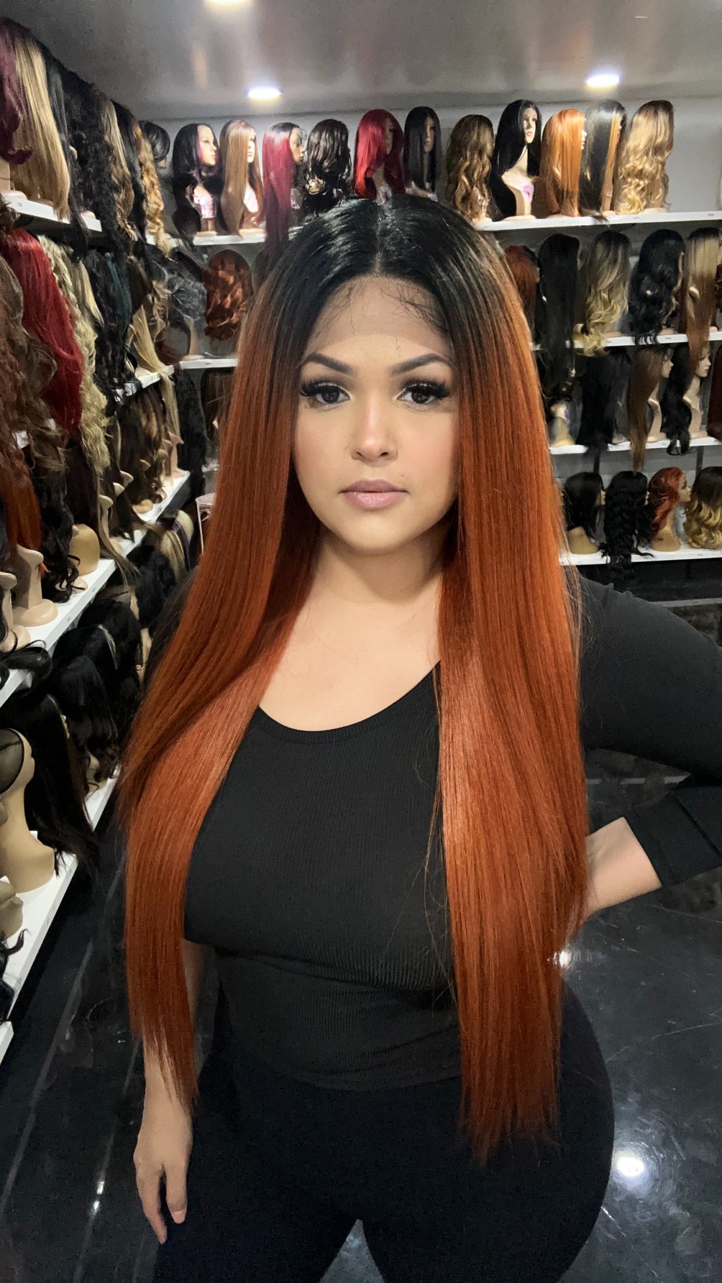 #49 Cher - 13x6 Free Part Lace Front Human Hair Blend Wig - Color Copper 32in
