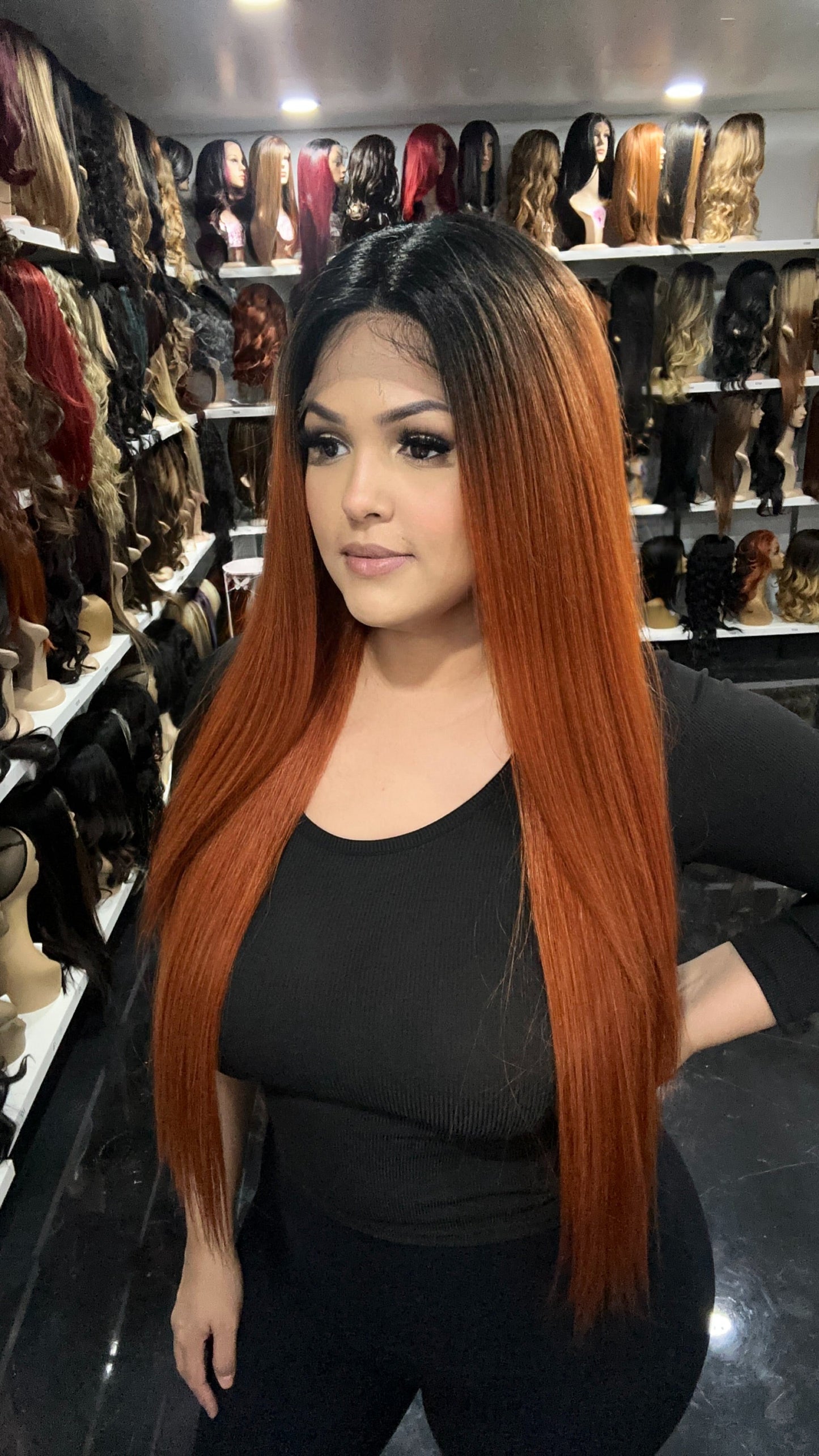 #49 Cher - 13x6 Free Part Lace Front Human Hair Blend Wig - Color Copper 32in