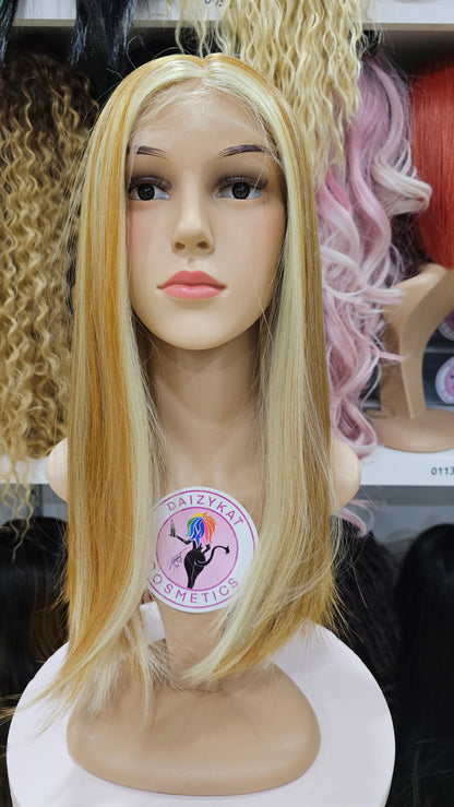 #166 Gwen - 5" Middle Part Lace Front Human Hair Blend Wig - Color 27/613 - The Pink Makeup Box