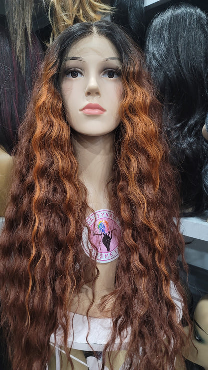 #64 Jenny - Hand Tied 13x4 Free Part Human Blend HD Lace Front Wig 26in - Color D.Copper - The Pink Makeup Box