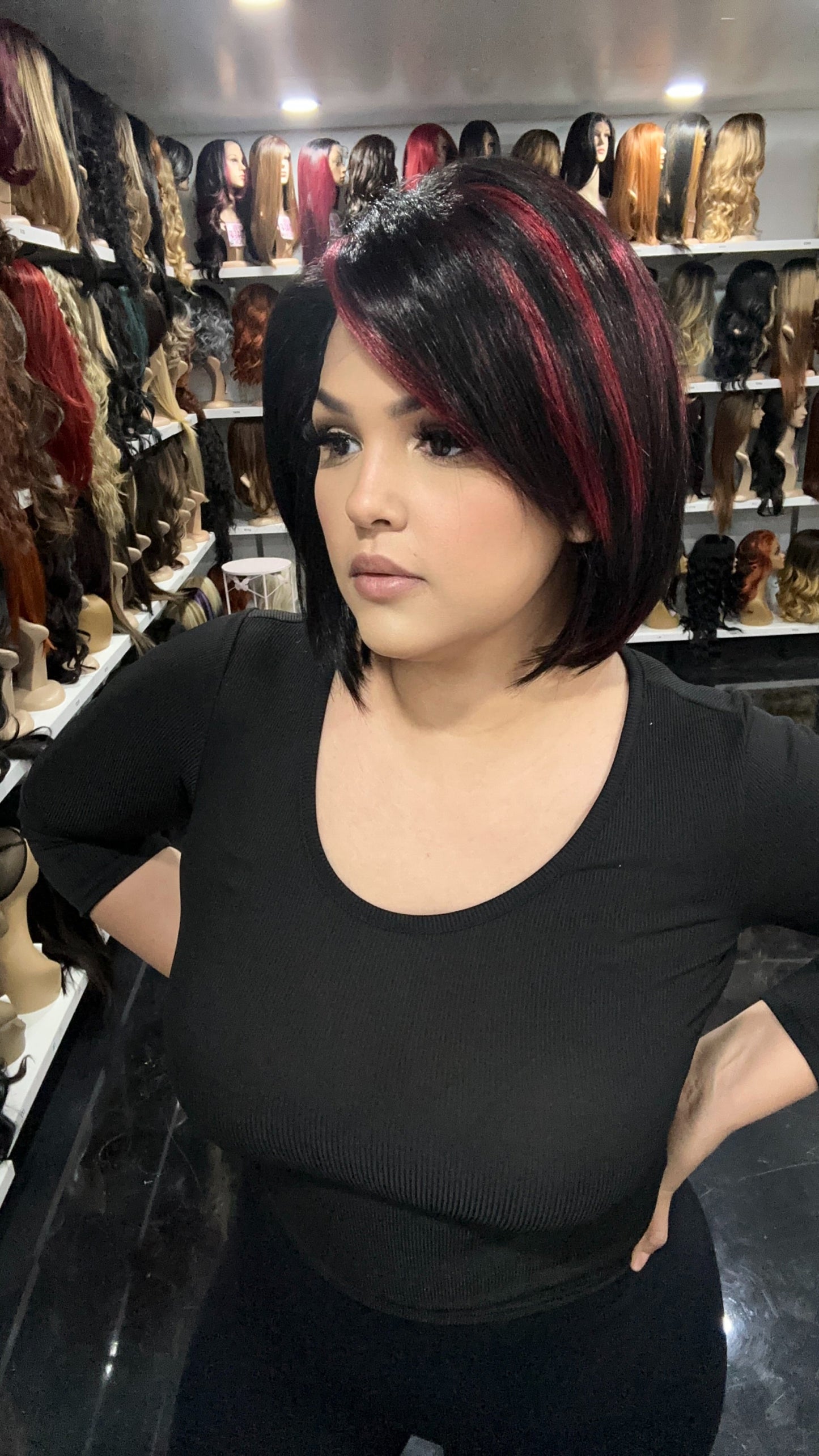 #66 RACHEL - 13x4 Free Part Lace Front Wig - Color Soft Black with Cherry Low Lights