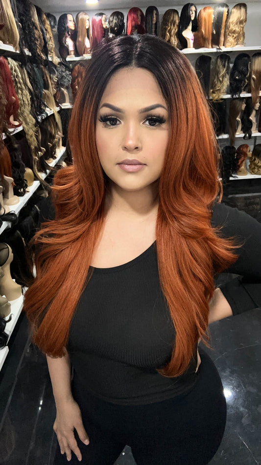 #44 Karla - Hand Tied 13x4 Free Part Human Blend HD Lace Front Wig 26in - Color Copper